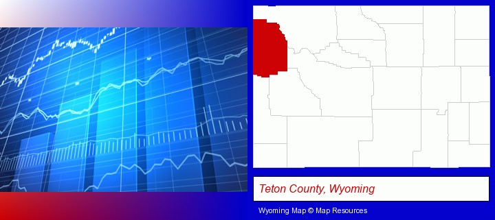 a financial chart; Teton County, Wyoming highlighted in red on a map