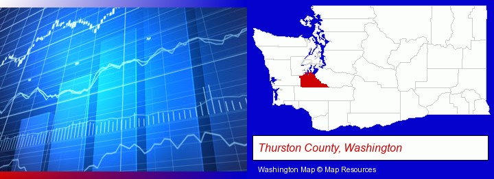 a financial chart; Thurston County, Washington highlighted in red on a map