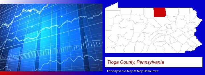 a financial chart; Tioga County, Pennsylvania highlighted in red on a map