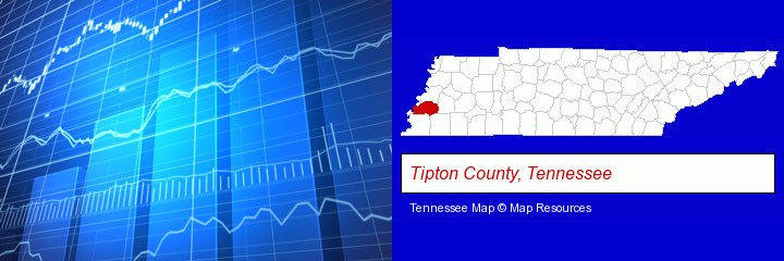 a financial chart; Tipton County, Tennessee highlighted in red on a map