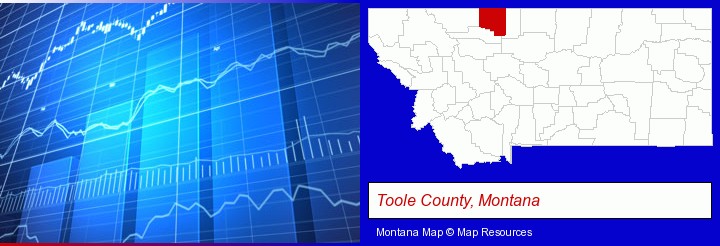 a financial chart; Toole County, Montana highlighted in red on a map