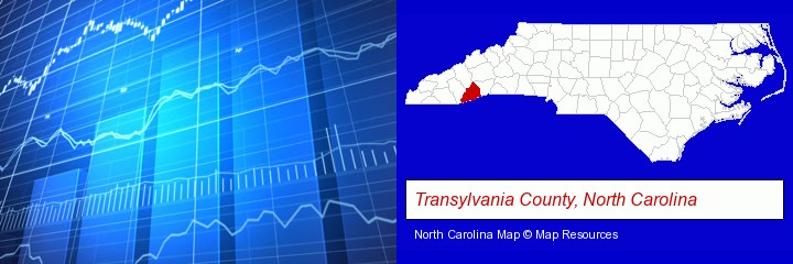 a financial chart; Transylvania County, North Carolina highlighted in red on a map