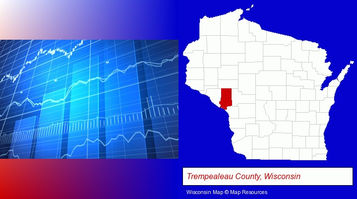 a financial chart; Trempealeau County, Wisconsin highlighted in red on a map