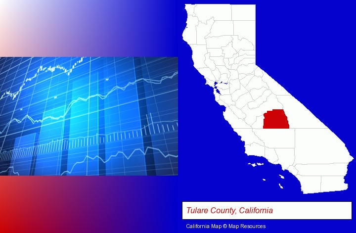 a financial chart; Tulare County, California highlighted in red on a map