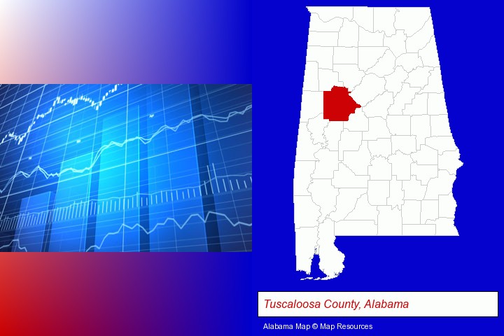 a financial chart; Tuscaloosa County, Alabama highlighted in red on a map