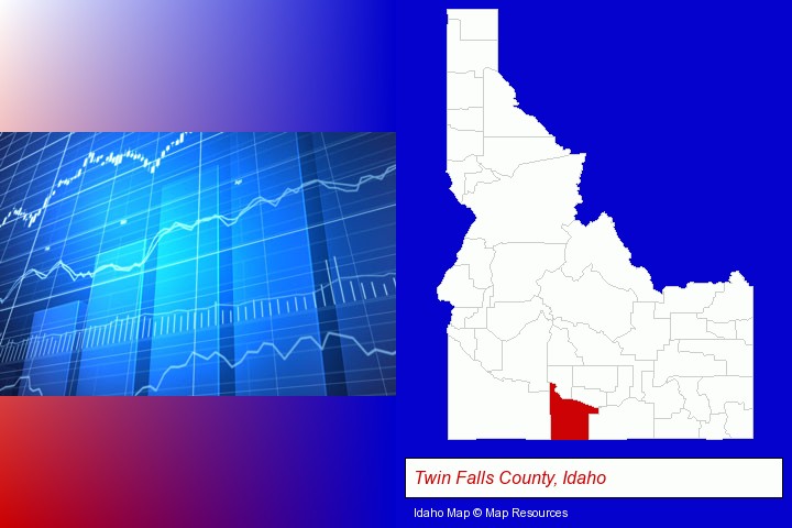 a financial chart; Twin Falls County, Idaho highlighted in red on a map