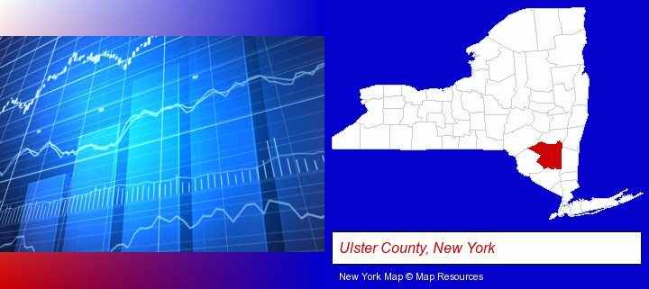 a financial chart; Ulster County, New York highlighted in red on a map