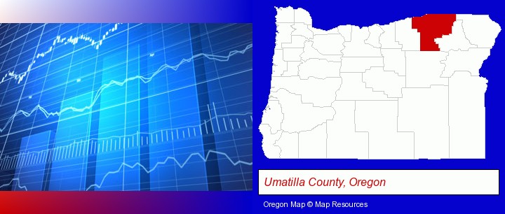 a financial chart; Umatilla County, Oregon highlighted in red on a map