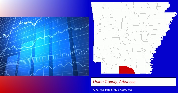 a financial chart; Union County, Arkansas highlighted in red on a map