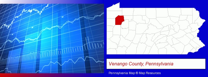 a financial chart; Venango County, Pennsylvania highlighted in red on a map