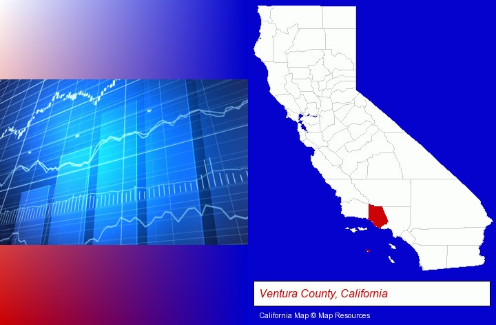 a financial chart; Ventura County, California highlighted in red on a map