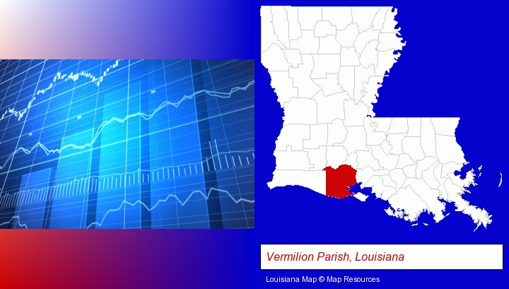 a financial chart; Vermilion Parish, Louisiana highlighted in red on a map