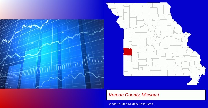 a financial chart; Vernon County, Missouri highlighted in red on a map