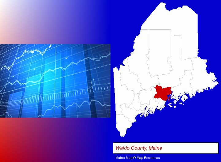 a financial chart; Waldo County, Maine highlighted in red on a map