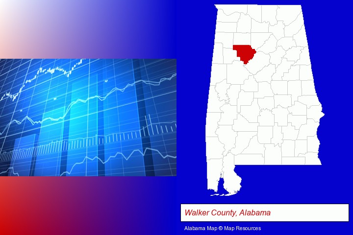 a financial chart; Walker County, Alabama highlighted in red on a map