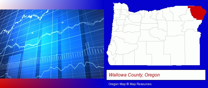 a financial chart; Wallowa County, Oregon highlighted in red on a map