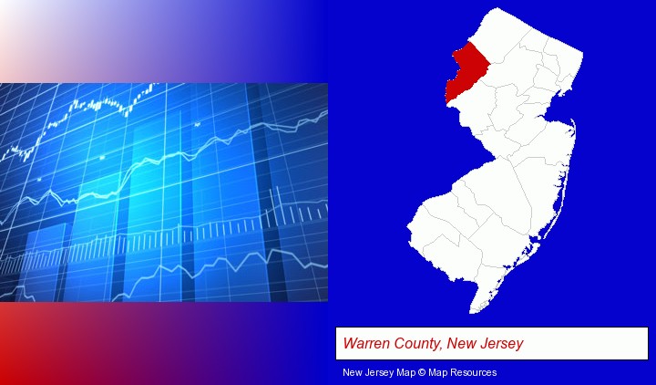 a financial chart; Warren County, New Jersey highlighted in red on a map
