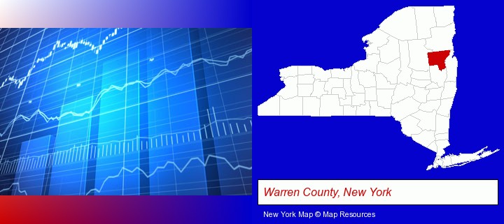 a financial chart; Warren County, New York highlighted in red on a map