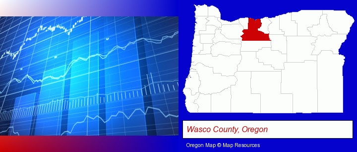 a financial chart; Wasco County, Oregon highlighted in red on a map