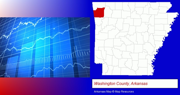 a financial chart; Washington County, Arkansas highlighted in red on a map