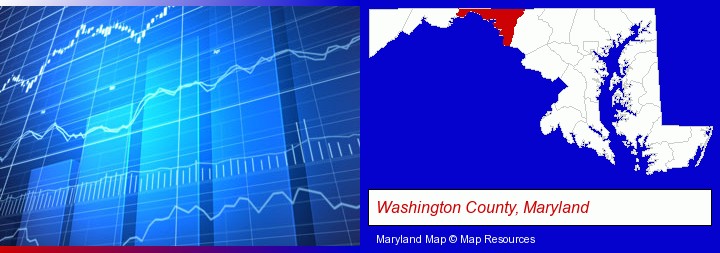 a financial chart; Washington County, Maryland highlighted in red on a map