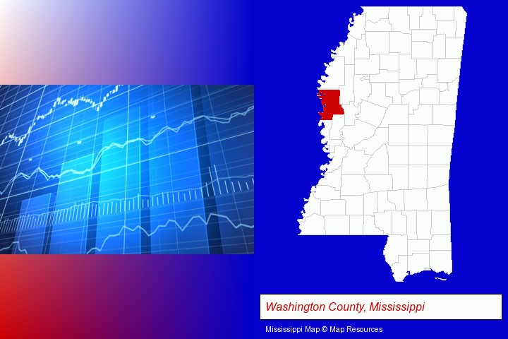 a financial chart; Washington County, Mississippi highlighted in red on a map