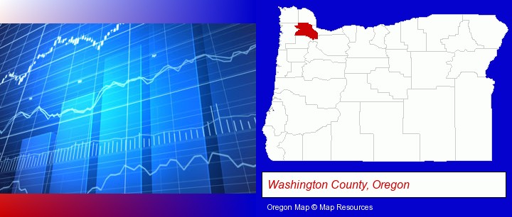a financial chart; Washington County, Oregon highlighted in red on a map