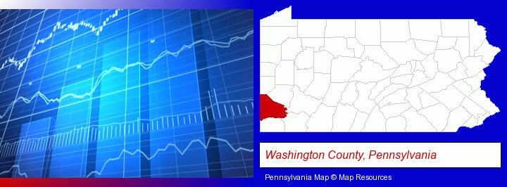 a financial chart; Washington County, Pennsylvania highlighted in red on a map