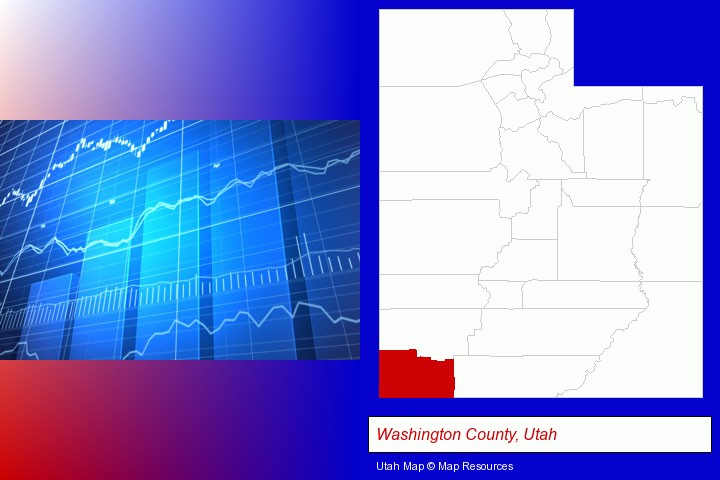 a financial chart; Washington County, Utah highlighted in red on a map