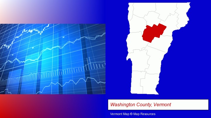 a financial chart; Washington County, Vermont highlighted in red on a map