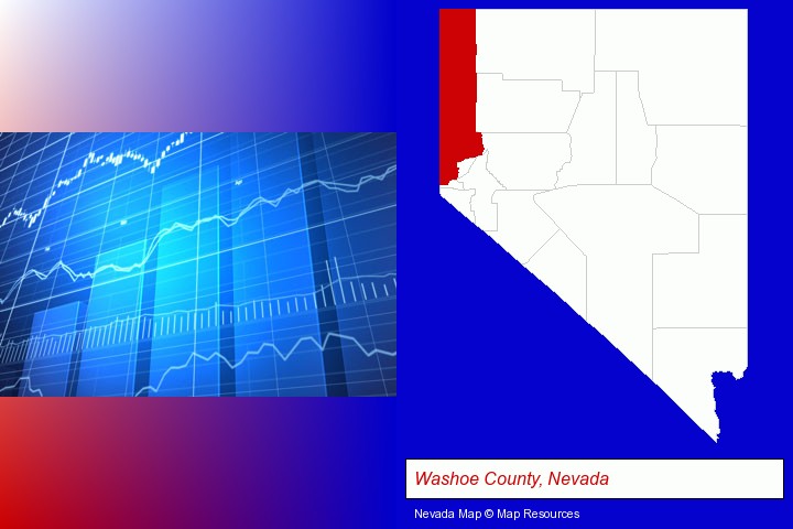 a financial chart; Washoe County, Nevada highlighted in red on a map