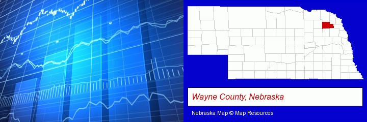 a financial chart; Wayne County, Nebraska highlighted in red on a map