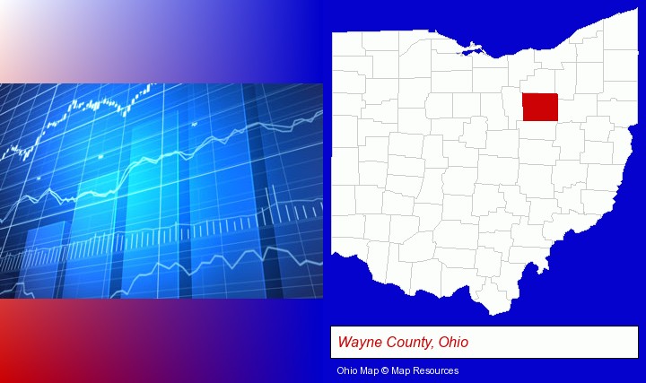 a financial chart; Wayne County, Ohio highlighted in red on a map