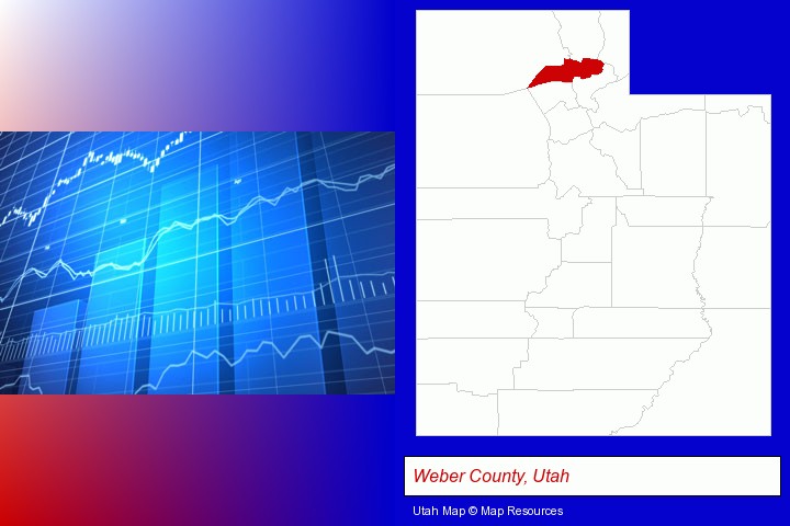 a financial chart; Weber County, Utah highlighted in red on a map