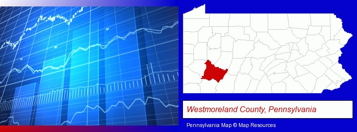 a financial chart; Westmoreland County, Pennsylvania highlighted in red on a map