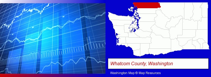 a financial chart; Whatcom County, Washington highlighted in red on a map