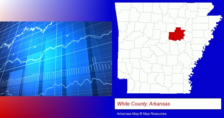a financial chart; White County, Arkansas highlighted in red on a map