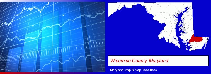 a financial chart; Wicomico County, Maryland highlighted in red on a map