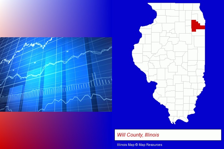 a financial chart; Will County, Illinois highlighted in red on a map