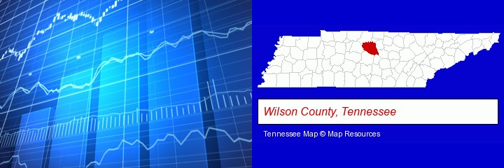 a financial chart; Wilson County, Tennessee highlighted in red on a map