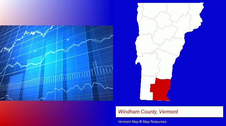 a financial chart; Windham County, Vermont highlighted in red on a map
