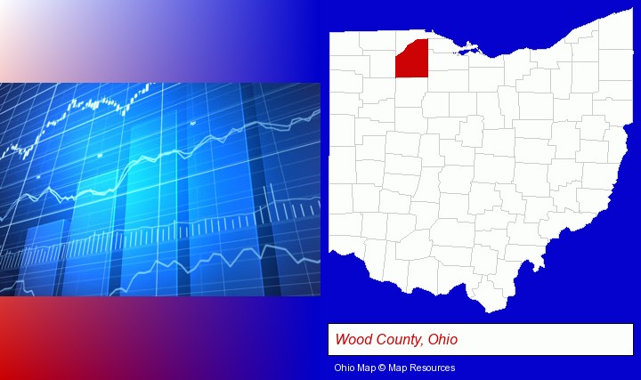 a financial chart; Wood County, Ohio highlighted in red on a map