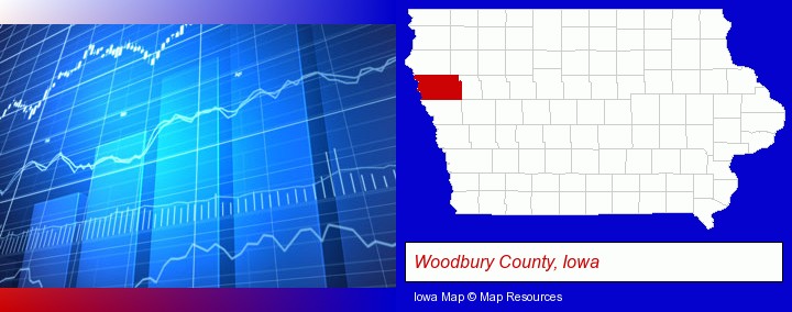 a financial chart; Woodbury County, Iowa highlighted in red on a map