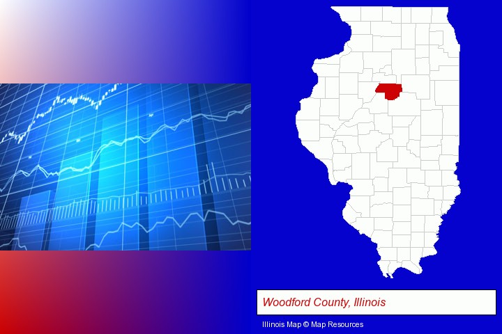 a financial chart; Woodford County, Illinois highlighted in red on a map