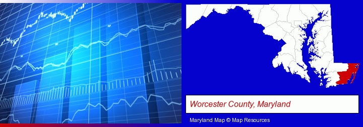 a financial chart; Worcester County, Maryland highlighted in red on a map