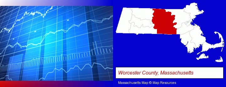 a financial chart; Worcester County, Massachusetts highlighted in red on a map