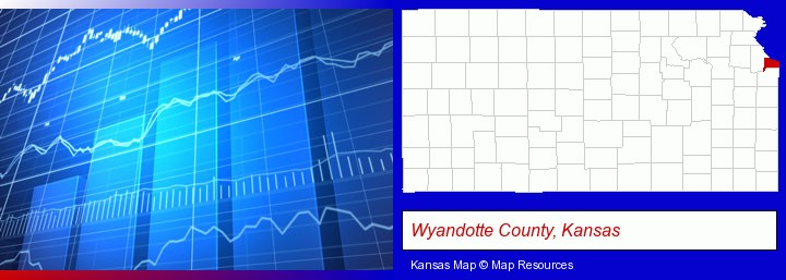 a financial chart; Wyandotte County, Kansas highlighted in red on a map