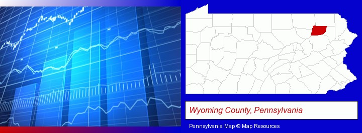 a financial chart; Wyoming County, Pennsylvania highlighted in red on a map