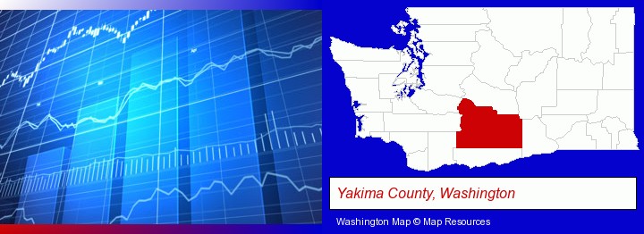 a financial chart; Yakima County, Washington highlighted in red on a map