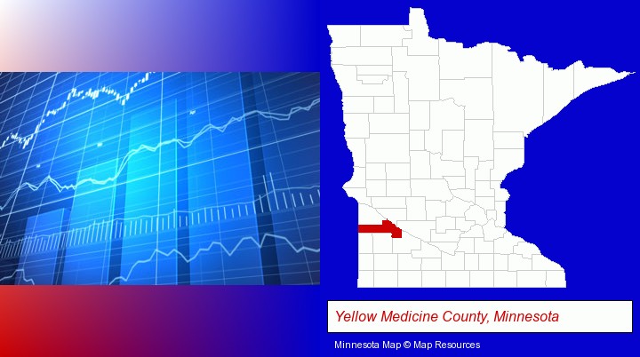 a financial chart; Yellow Medicine County, Minnesota highlighted in red on a map